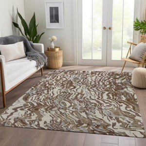 HomeRoots 5' X 8' Washable Abstract Area Rug in Brown, Beige & Taupe - UV Protected, Stain Resistant, Durable Design 681427