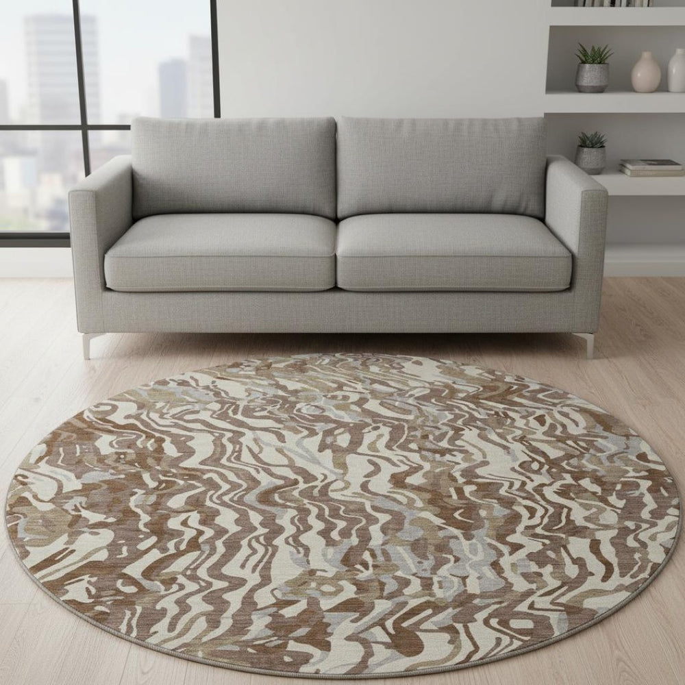 HomeRoots 8' Abstract Washable Round Rug in Brown, Beige & Taupe - Durable, UV-Protected, Stylish & Practical 681428