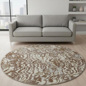 HomeRoots 8' Abstract Washable Round Rug in Brown, Beige & Taupe - Durable, UV-Protected, Stylish & Practical 681428