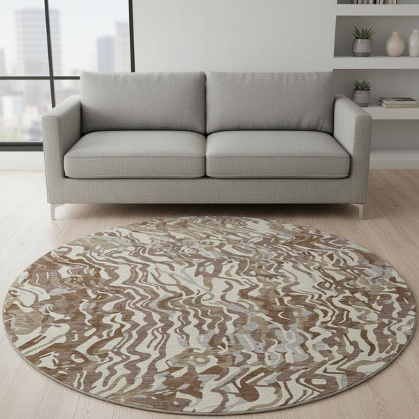 HomeRoots 8' Abstract Washable Round Rug in Brown, Beige & Taupe - Durable, UV-Protected, Stylish & Practical 681428