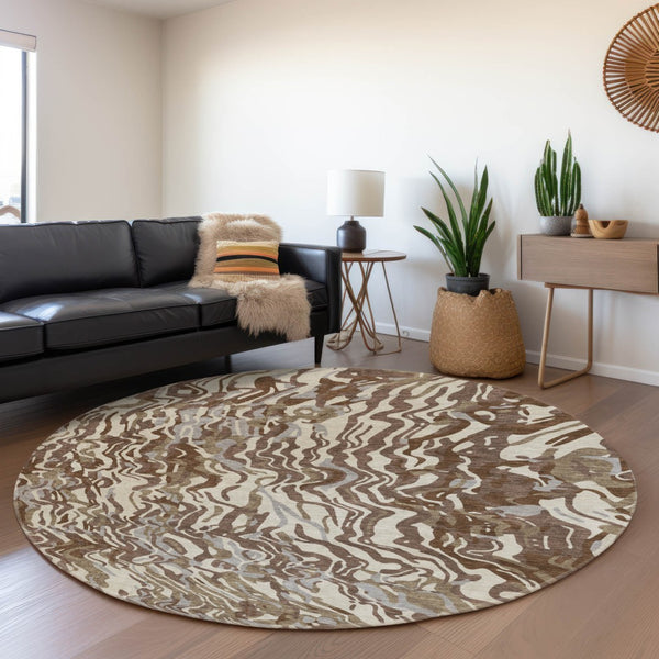 HomeRoots 8' Abstract Washable Round Rug in Brown, Beige & Taupe - Durable, UV-Protected, Stylish & Practical 681428