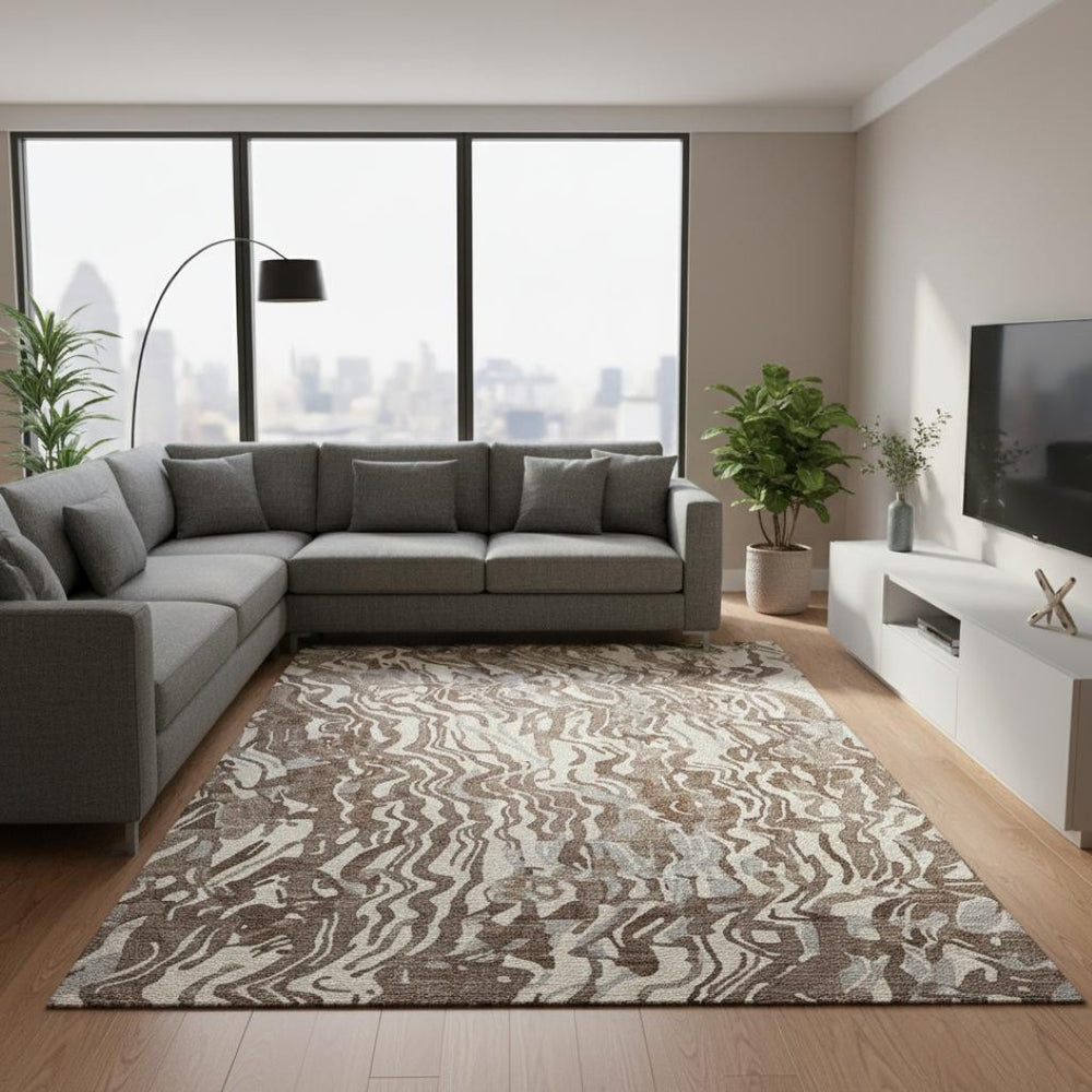 HomeRoots 8' X 10' Abstract Washable Area Rug in Brown, Beige & Taupe - UV Protected, Stain Resistant Design 681429