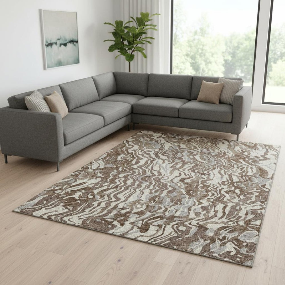 HomeRoots 9' X 12' Abstract Washable Area Rug – Stylish Brown, Beige & Taupe with UV Protection for Homes 681430