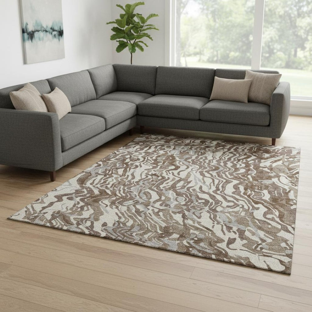 HomeRoots 10' Abstract Washable Area Rug in Brown, Beige & Taupe – UV Protected, Durable & Easy-Care Design 681431
