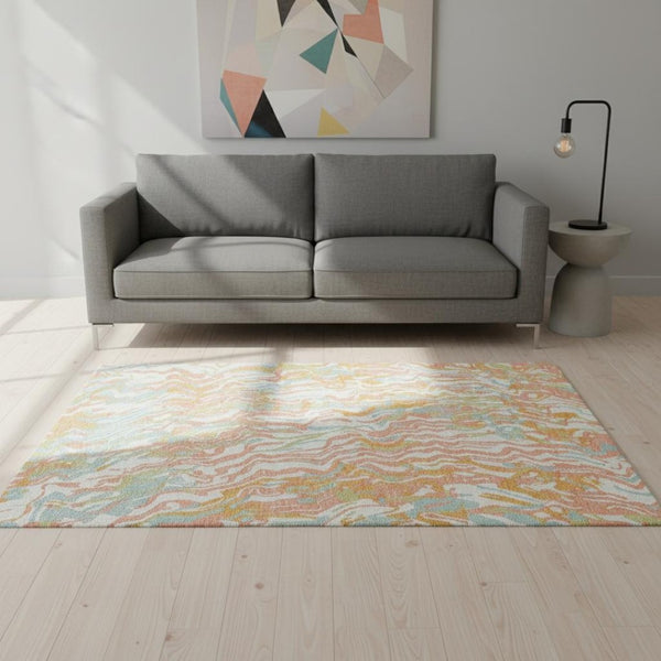 HomeRoots 5' X 8' Abstract Washable Area Rug in Coral, Mint Green & Sky Blue with UV Protection & Stain Resistance 681433