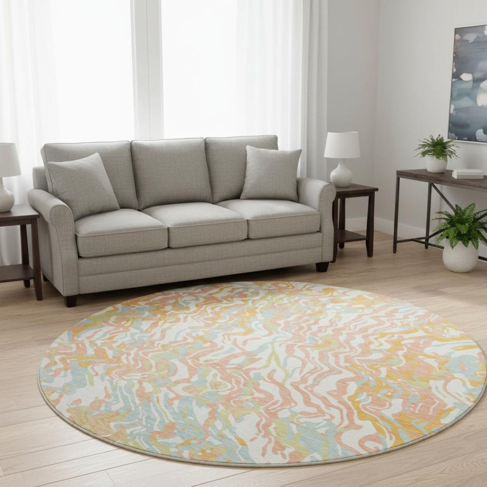 HomeRoots 8' Modern Abstract Coral Mint Green & Sky Blue Round Rug – Washable, UV-Protected, Pet-Friendly Design 681434