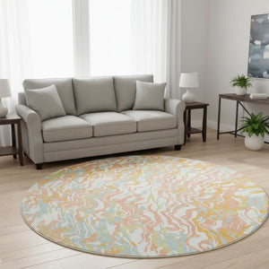 HomeRoots 8' Modern Abstract Coral Mint Green & Sky Blue Round Rug – Washable, UV-Protected, Pet-Friendly Design 681434