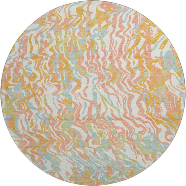HomeRoots 8' Modern Abstract Coral Mint Green & Sky Blue Round Rug – Washable, UV-Protected, Pet-Friendly Design 681434