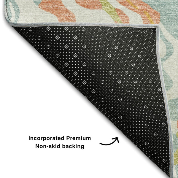 HomeRoots 8' Modern Abstract Coral Mint Green & Sky Blue Round Rug – Washable, UV-Protected, Pet-Friendly Design 681434