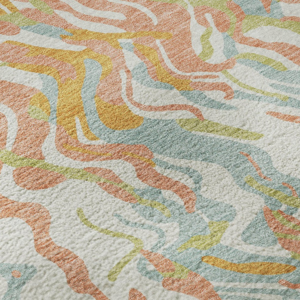 HomeRoots 8' Modern Abstract Coral Mint Green & Sky Blue Round Rug – Washable, UV-Protected, Pet-Friendly Design 681434