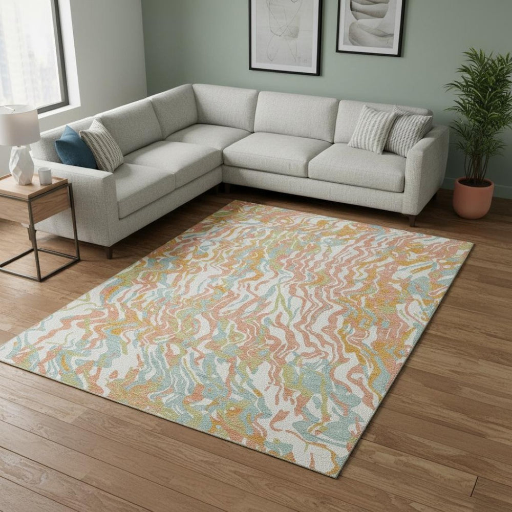 HomeRoots 9' X 12' Abstract Area Rug in Coral, Mint Green & Sky Blue - Washable, UV-Protected & Stain-Resistant 681436