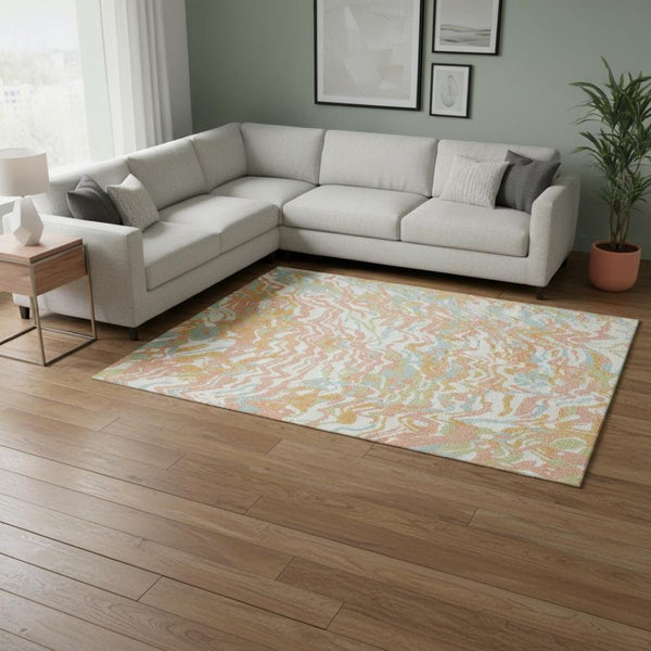HomeRoots 10' Modern Coral Mint Green and Sky Blue Abstract Washable Area Rug with UV Protection & Durability 681437