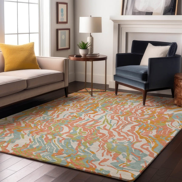 HomeRoots 10' Modern Coral Mint Green and Sky Blue Abstract Washable Area Rug with UV Protection & Durability 681437