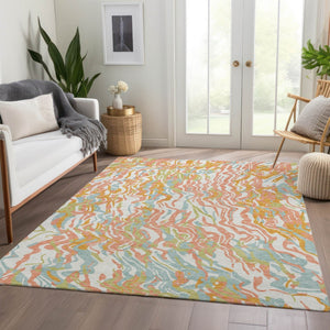 HomeRoots 10' Modern Coral Mint Green and Sky Blue Abstract Washable Area Rug with UV Protection & Durability 681437