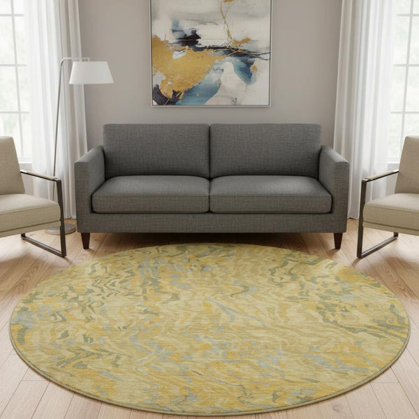 HomeRoots 8' Gold Gray & Olive Green Abstract Washable Round Rug – UV Protected, Stain Resistant, Family Friendly 681440