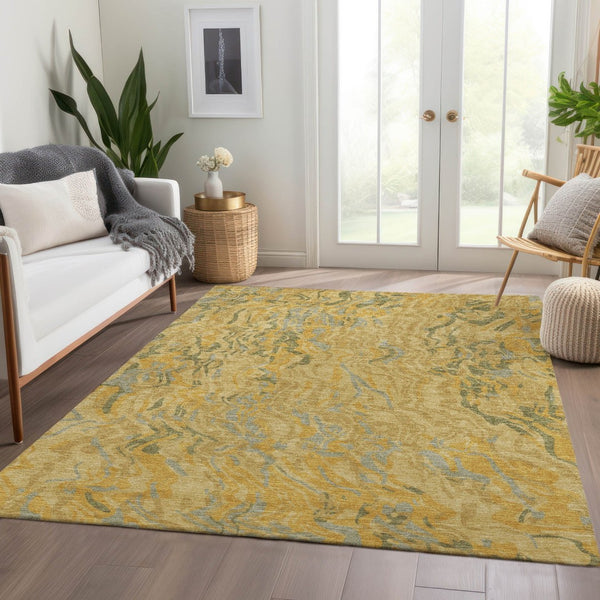 HomeRoots 9' X 12' Gold Gray Olive Green Abstract Area Rug - Washable, UV Protected, Modern Design for Homes 681442