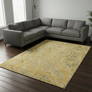 HomeRoots 10' Abstract Area Rug in Gold, Gray & Olive Green - Washable, UV Protected & Kid-Friendly Design! 681443