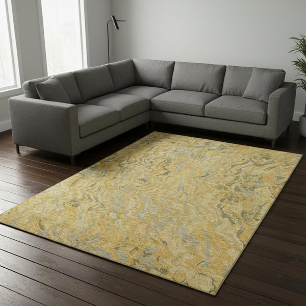 HomeRoots 10' Abstract Area Rug in Gold, Gray & Olive Green - Washable, UV Protected & Kid-Friendly Design! 681443