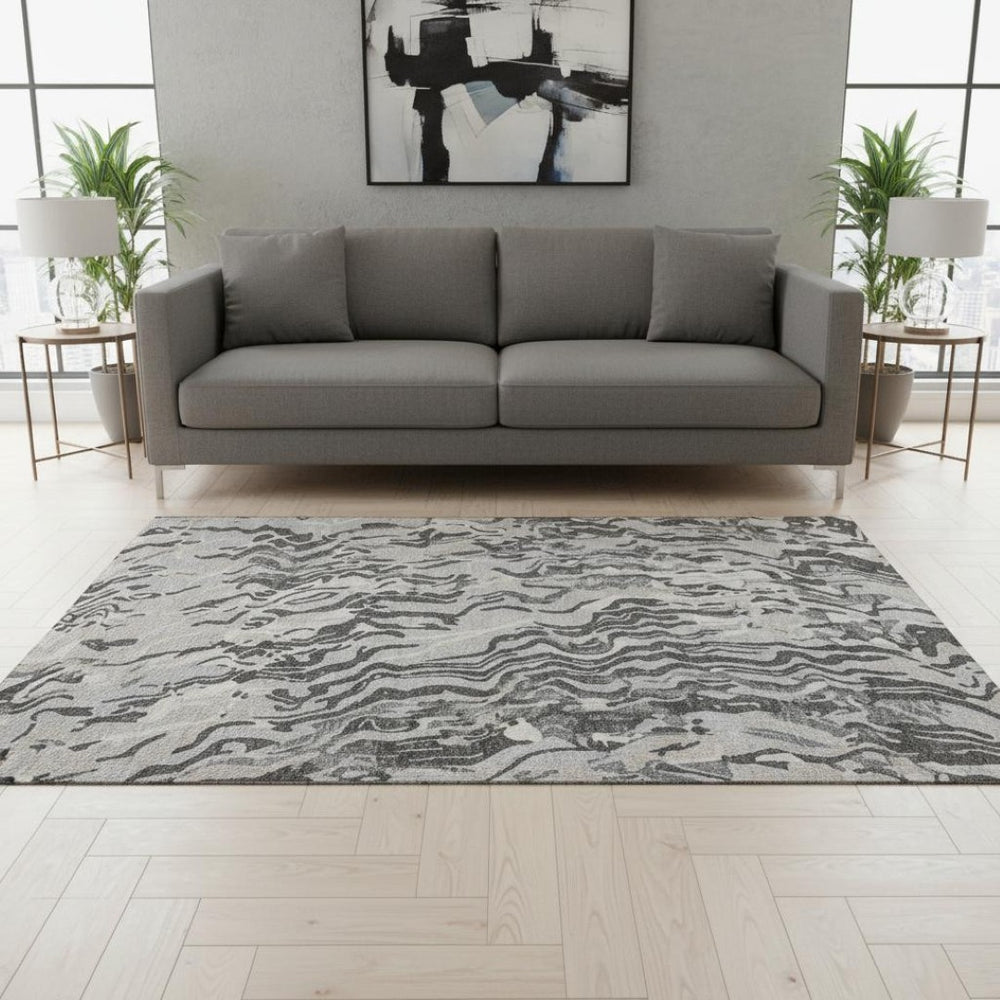 HomeRoots 5' X 8' Contemporary Gray Silver Ivory Abstract Area Rug - Washable, UV Protected, Easy Care! 681445