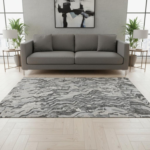 HomeRoots 5' X 8' Contemporary Gray Silver Ivory Abstract Area Rug - Washable, UV Protected, Easy Care! 681445