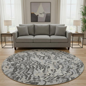 HomeRoots 8' Gray Silver And Ivory Abstract Round Rug - Washable, Durable, UV Protected for High-Traffic Homes 681446