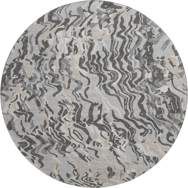 HomeRoots 8' Gray Silver And Ivory Abstract Round Rug - Washable, Durable, UV Protected for High-Traffic Homes 681446