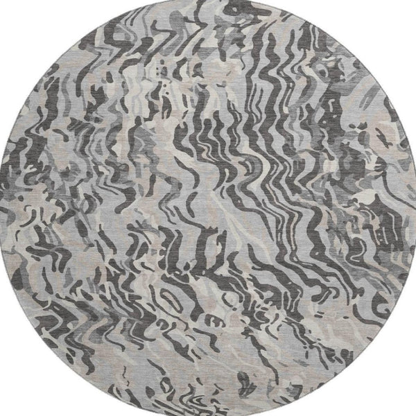 HomeRoots 8' Gray Silver And Ivory Abstract Round Rug - Washable, Durable, UV Protected for High-Traffic Homes 681446