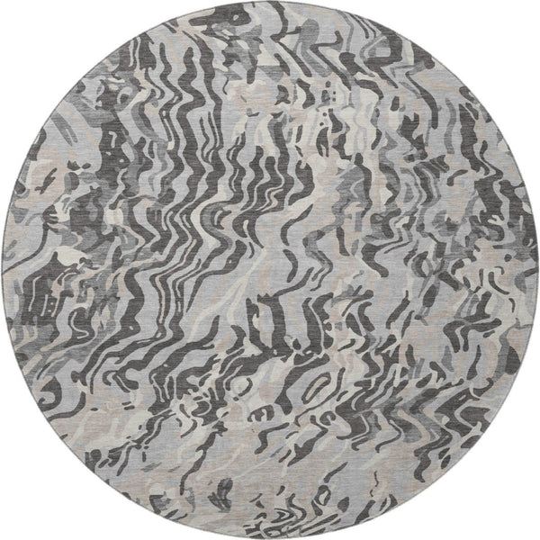 HomeRoots 8' Gray Silver And Ivory Abstract Round Rug - Washable, Durable, UV Protected for High-Traffic Homes 681446