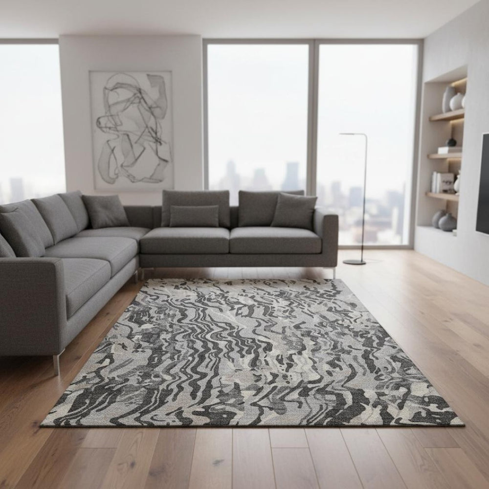 HomeRoots 8' X 10' Modern Gray Silver and Ivory Abstract Area Rug - Washable, UV Protected for Active Homes 681447