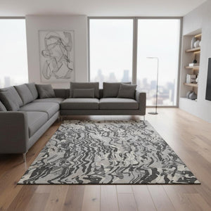 HomeRoots 8' X 10' Modern Gray Silver and Ivory Abstract Area Rug - Washable, UV Protected for Active Homes 681447