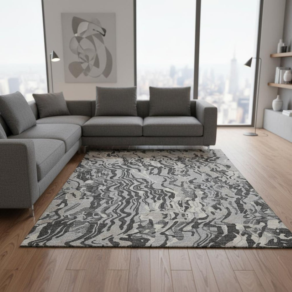 HomeRoots 9' X 12' Modern Gray Silver Ivory Washable Area Rug with UV Protection for Stylish, Busy Homes 681448