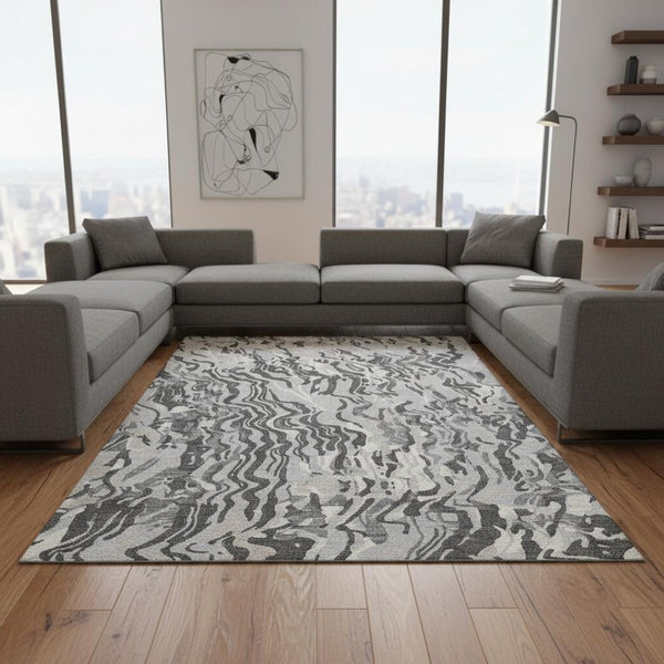 HomeRoots 10' Modern Abstract Area Rug in Gray, Silver & Ivory - Washable, UV Protected & Stain-Resistant! 681449