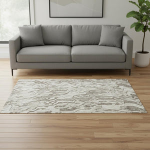 HomeRoots 5' X 8' Washable Gray Silver & Ivory Abstract Area Rug – Stylish, Durable, UV-Protected for Homes! 681451