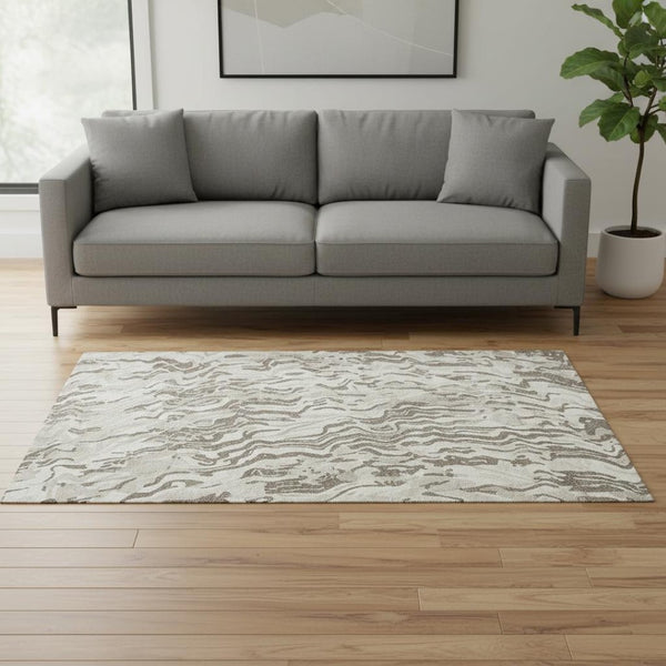 HomeRoots 5' X 8' Washable Gray Silver & Ivory Abstract Area Rug – Stylish, Durable, UV-Protected for Homes! 681451