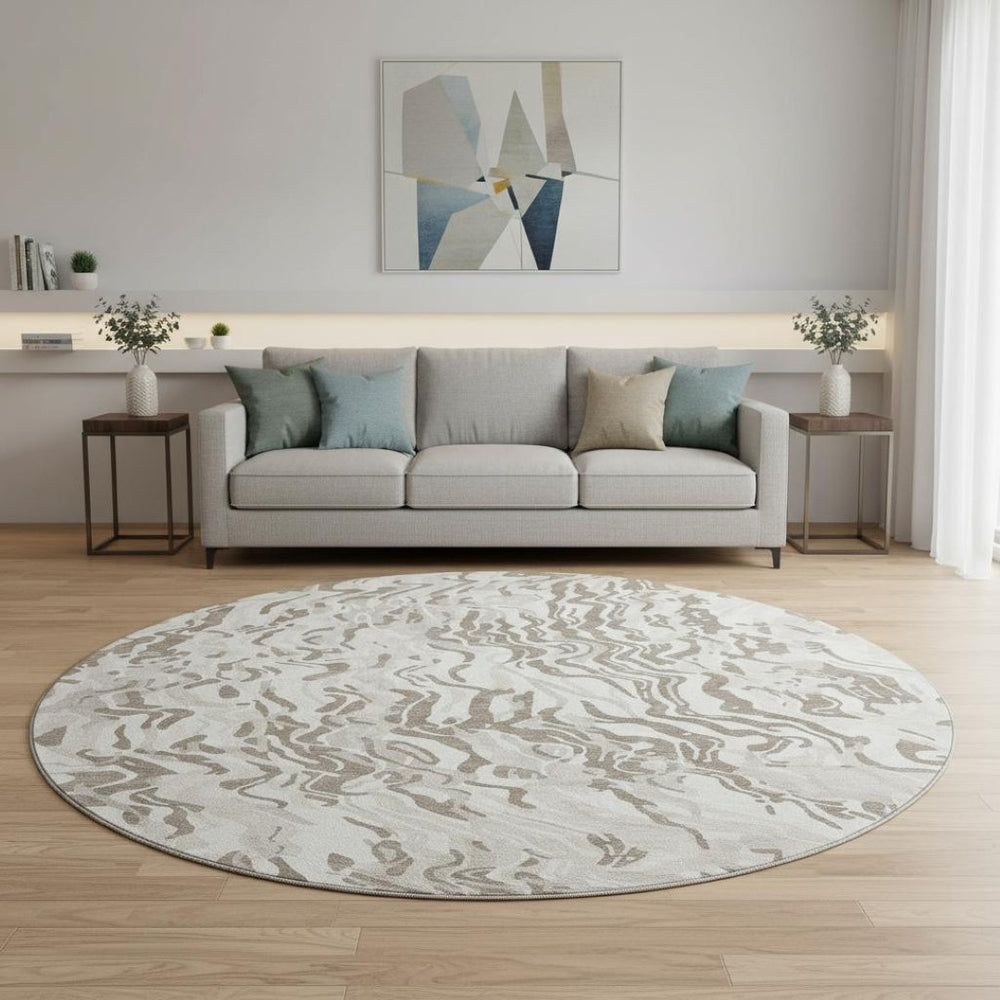 HomeRoots 8' Gray Silver and Ivory Abstract Round Rug – Durable, Washable, UV-Protected for Modern Spaces 681452