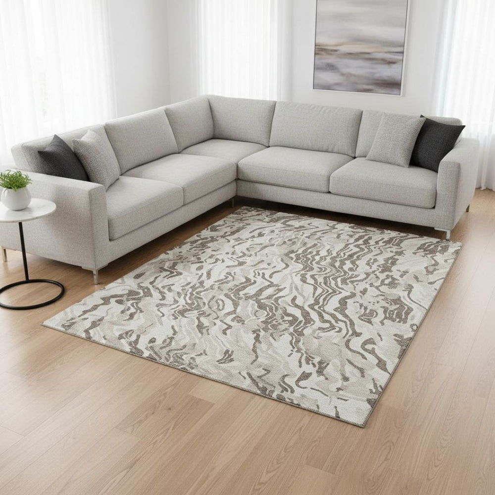 HomeRoots 9' X 12' Modern Abstract Gray Silver Ivory Washable Area Rug - Durable, UV-Protected, Stylish Design 681454