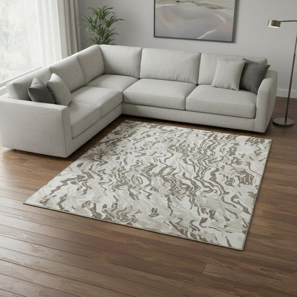 HomeRoots 10' Gray Silver and Ivory Abstract Washable Area Rug with UV Protection for High-Traffic Spaces 681455