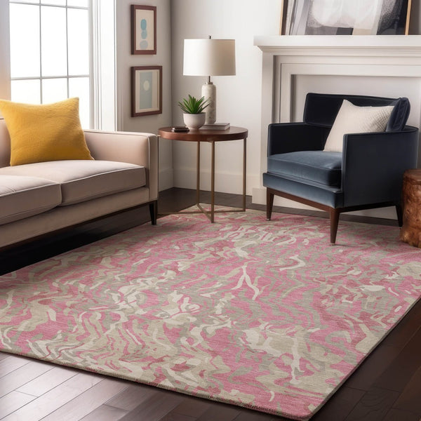 HomeRoots 5' X 8' Pink And Ivory Abstract Washable Area Rug - Stylish, Stain Resistant, UV Protected for Homes 681457