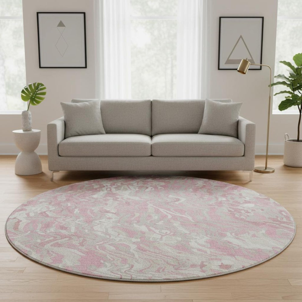 HomeRoots 8' Pink And Ivory Abstract Round Area Rug - Washable, Stain-Resistant, UV Protected for Busy Homes 681458