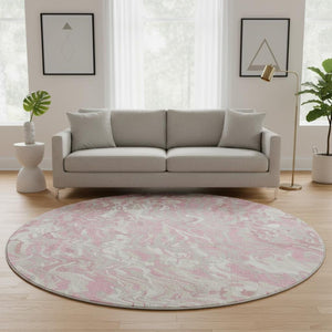HomeRoots 8' Pink And Ivory Abstract Round Area Rug - Washable, Stain-Resistant, UV Protected for Busy Homes 681458
