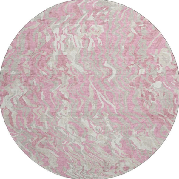 HomeRoots 8' Pink And Ivory Abstract Round Area Rug - Washable, Stain-Resistant, UV Protected for Busy Homes 681458