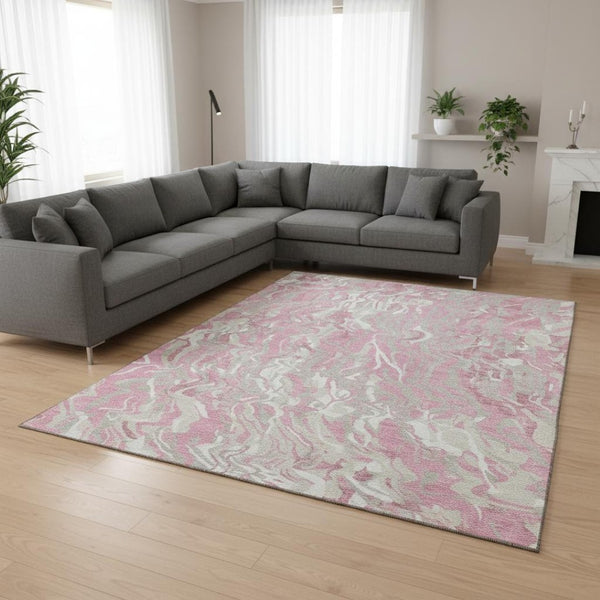 HomeRoots 9' X 12' Pink And Ivory Abstract Washable Area Rug - UV Protected, Soft, Durable & Stylish Design 681460