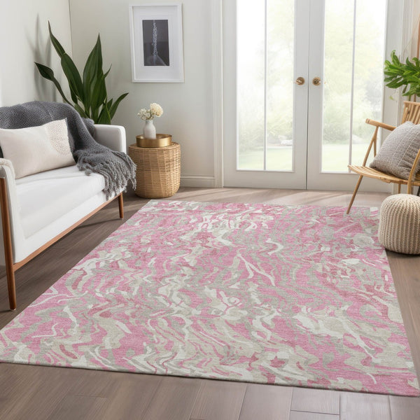HomeRoots 9' X 12' Pink And Ivory Abstract Washable Area Rug - UV Protected, Soft, Durable & Stylish Design 681460