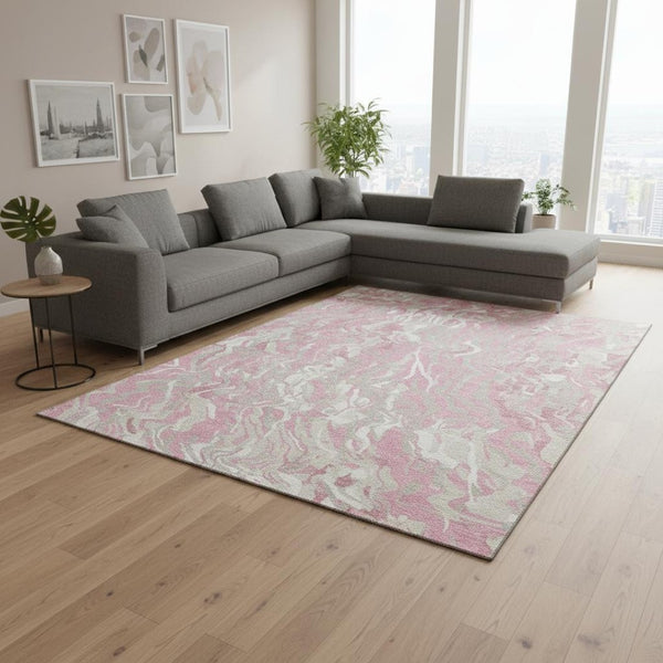 HomeRoots 10' X 14' Pink and Ivory Abstract Area Rug - Washable, UV Protected, Perfect for Stylish Living Spaces! 681461