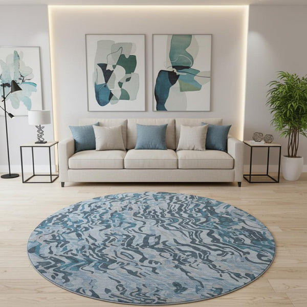 HomeRoots 8' Vibrant Sky Blue and Gray Abstract Round Rug with UV Protection - Washable, Durable, Stylish Design 681464