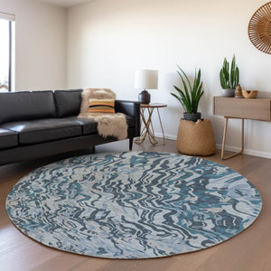 HomeRoots 8' Vibrant Sky Blue and Gray Abstract Round Rug with UV Protection - Washable, Durable, Stylish Design 681464