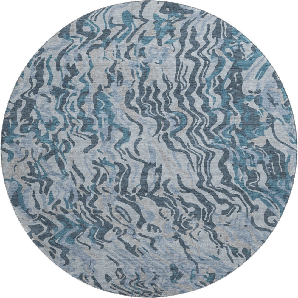 HomeRoots 8' Vibrant Sky Blue and Gray Abstract Round Rug with UV Protection - Washable, Durable, Stylish Design 681464