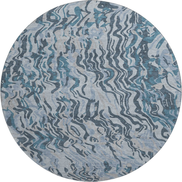 HomeRoots 8' Vibrant Sky Blue and Gray Abstract Round Rug with UV Protection - Washable, Durable, Stylish Design 681464