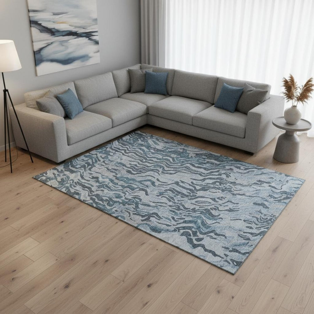 HomeRoots 9' X 12' Sky Blue and Gray Abstract Washable Area Rug - UV Protected, Stain-Resistant, Durable Design! 681466