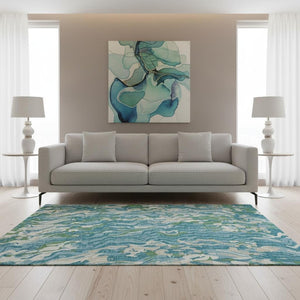 HomeRoots 5' X 8' Teal Green & Ivory Abstract Area Rug - Washable, UV Protected, Durable for Busy Homes! 681469